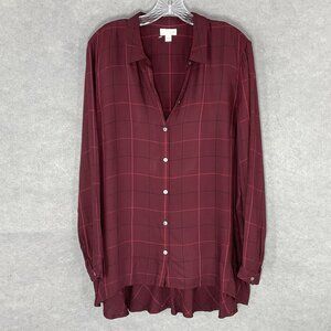 J. Jill Top Women Large L Red Button‎ Up High Lo Hem Ruffle Plaid Blouse